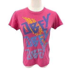 Streetwear Graphic Tee Obey Pink‎ Logo Print Cotton T Shirt Size S
